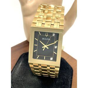 Bulova Men's Watch 97D132 Quadra Quartz Diamond Black Dial Gold Steel 30mm